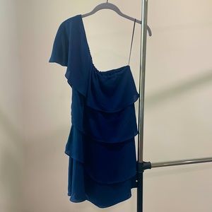 Aqua one-shoulder ruffle navy mini dress